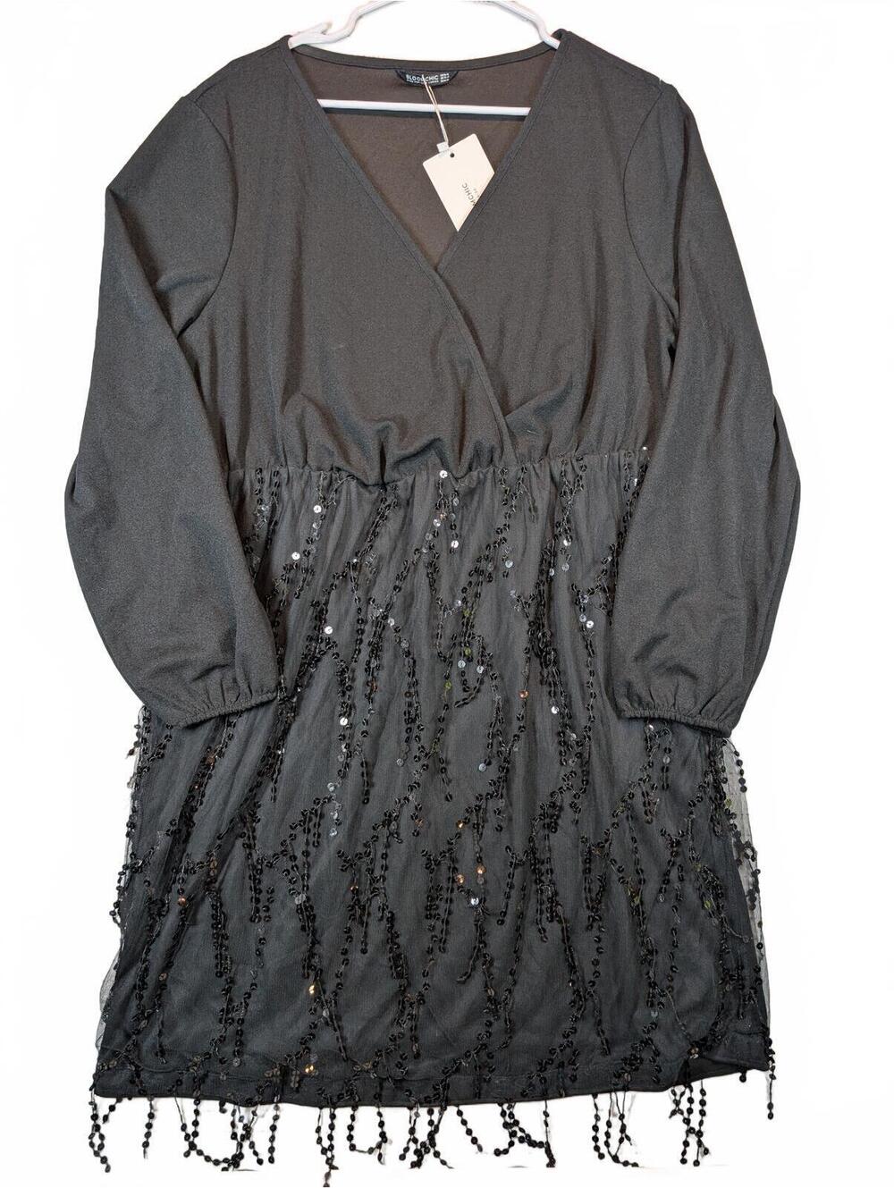 BloomChic Sequin Mesh Tassel Faux Wrap Long Sleeve Dress Womens 14 16 Party